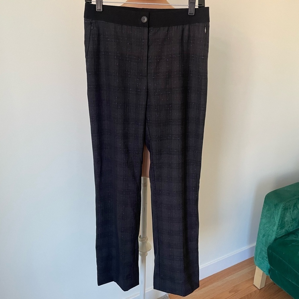 Akris Wool Gray Purple Slub Plaid High Rose Dress Pant Bootcut Trousers EUC Sz 6